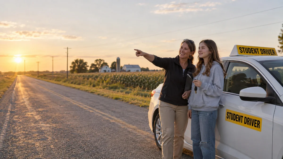 Bee-Safe instructor and student beside a student driver car