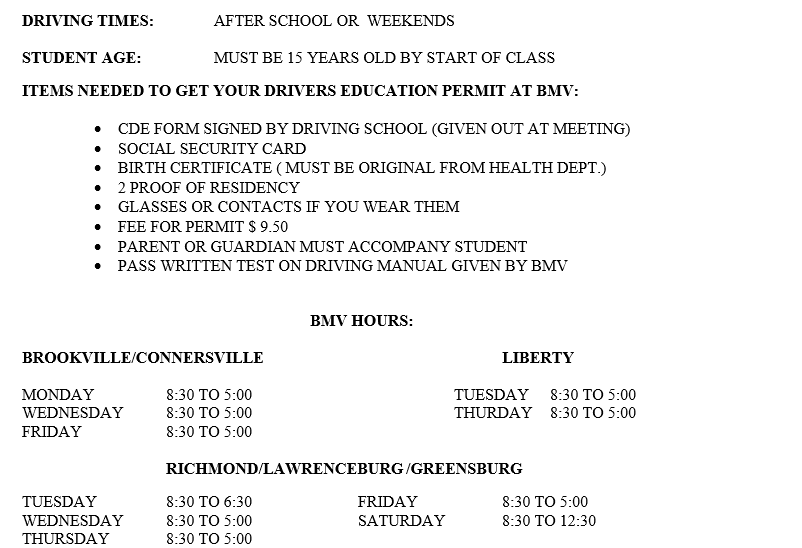 Brookville Class Schedule - Bottom Info