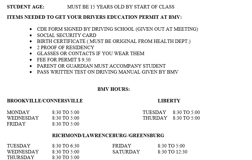 Brookville Class Schedule - Bottom Info